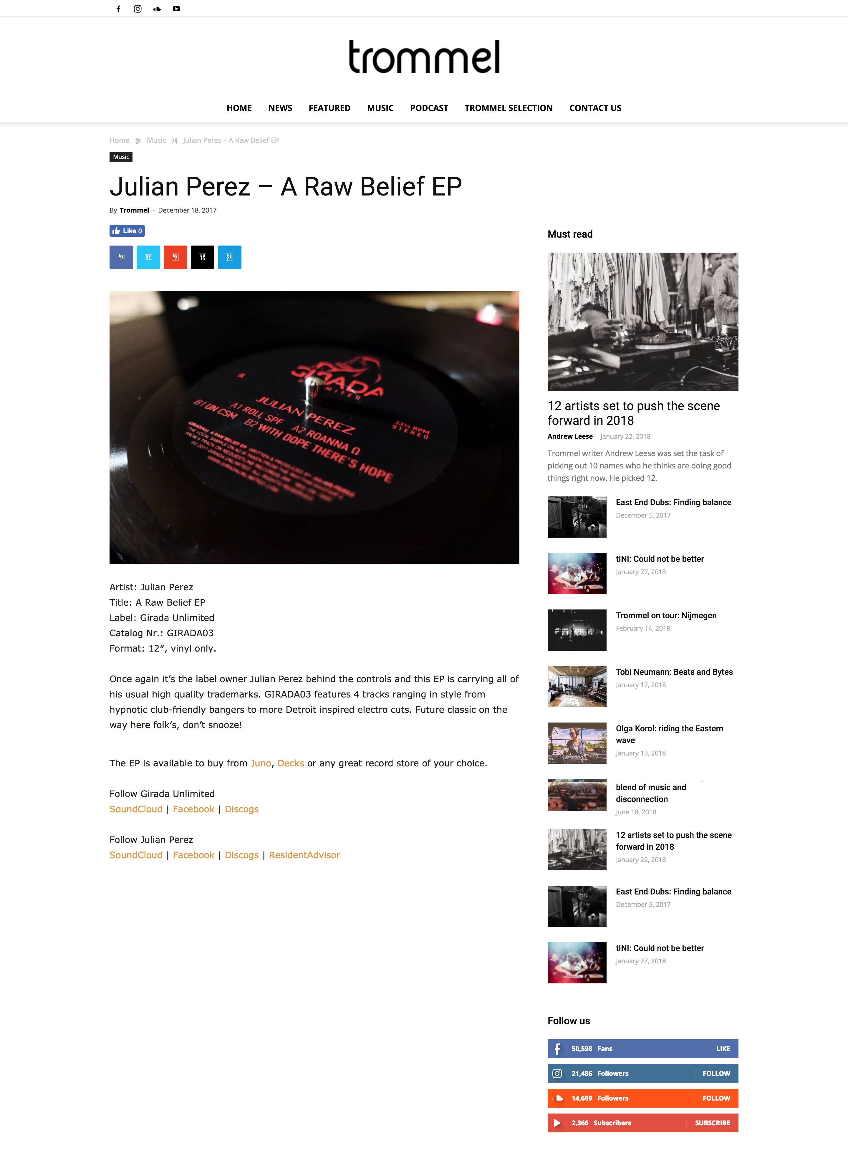 Trommel Music — Julian Perez A Raw Belief EP, December 2017
